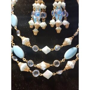 VTG Alice Caviness Blue Aurora Borealis 3 Strand Necklace Chandelier Earrings